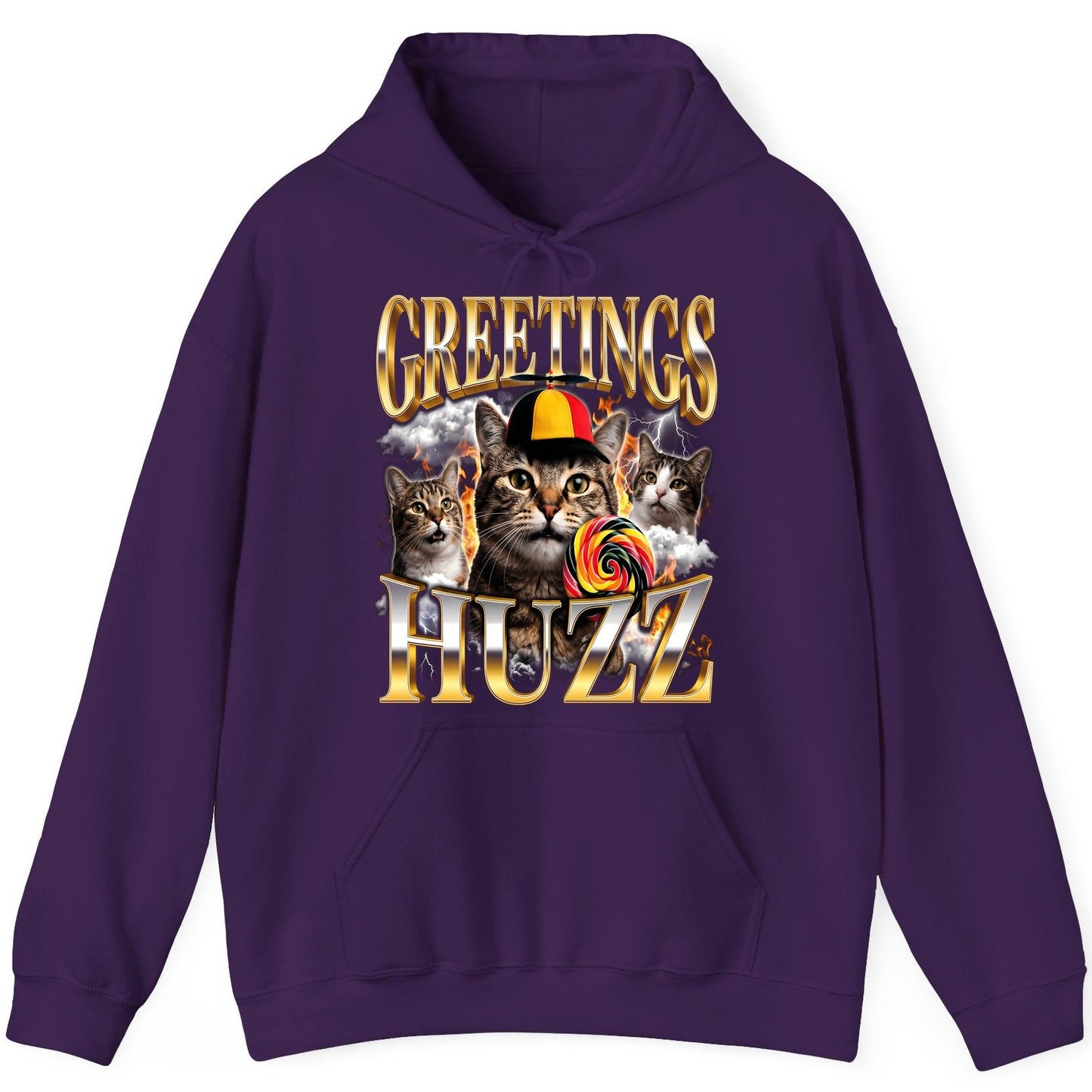 Greetings HUZZ Funny Cats Hoodie - product mockup - Purple