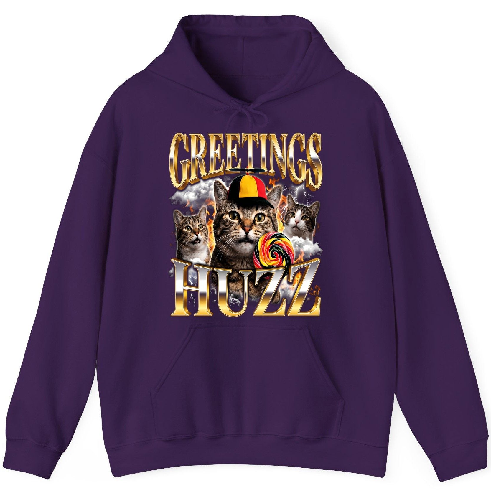 Greetings HUZZ Funny Cats Hoodie - product mockup - Purple