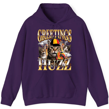 Greetings HUZZ Funny Cats Hoodie - product mockup - Purple