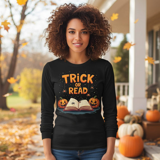 Trick or Read Halloween Long Sleeve Tee Black lifestyle mockup