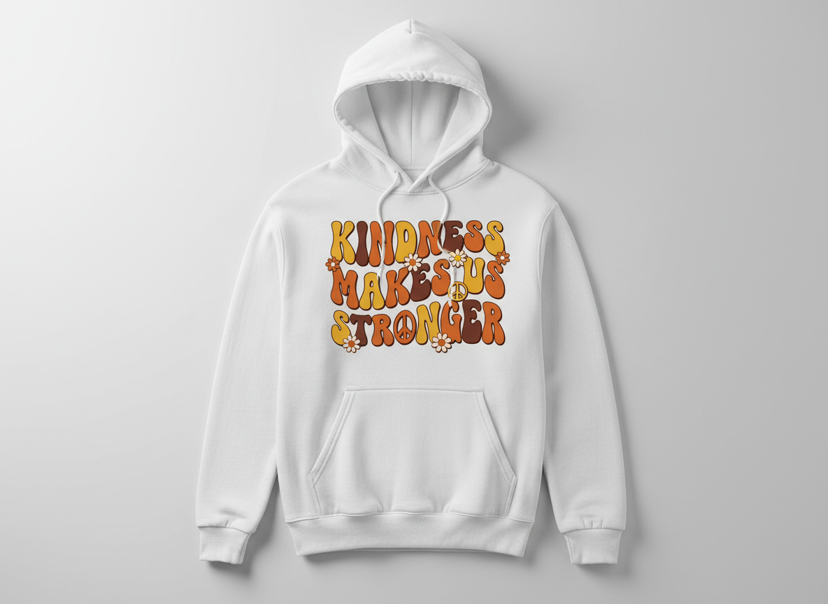 Kindness Makes Us Stronger Groovy 70s Retro Design Hoodie - White