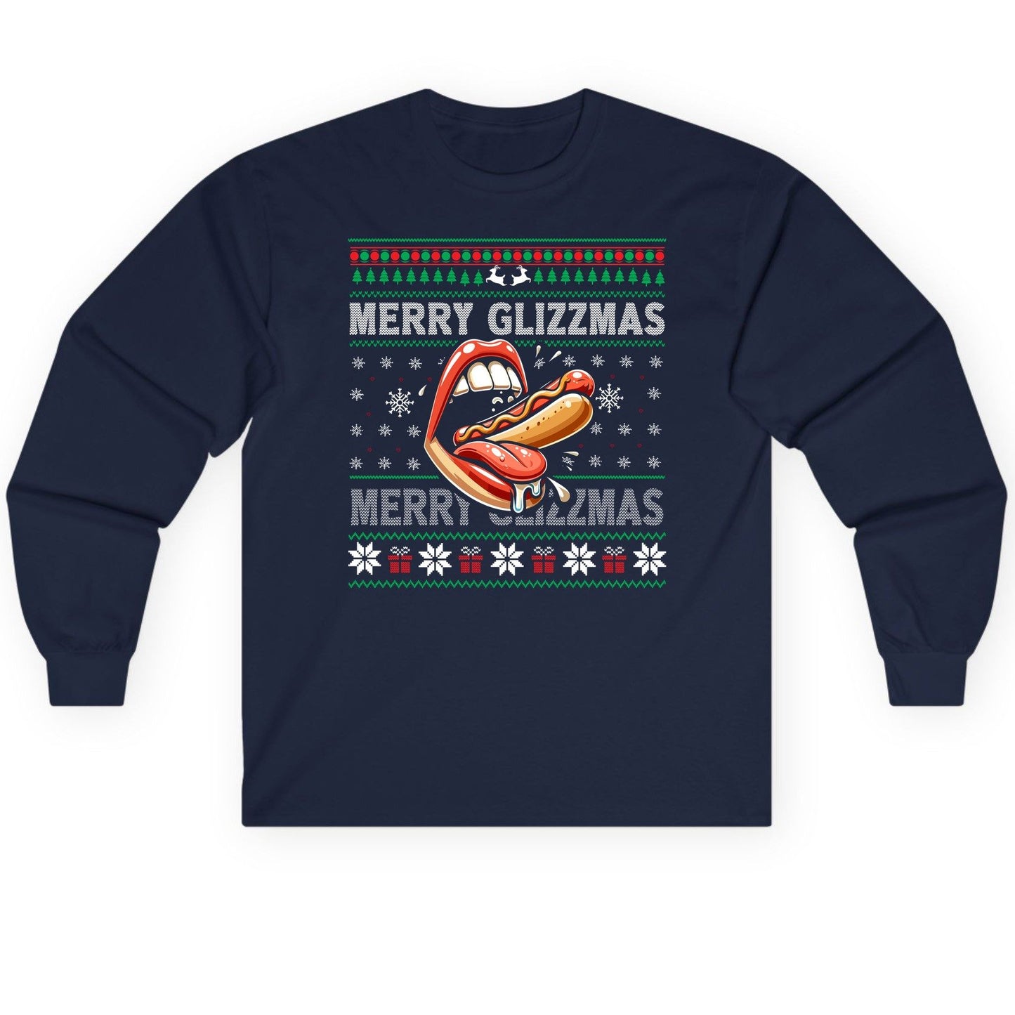 Merry Glizzzmas hot dog Long Sleeve Tee Navy product mockup