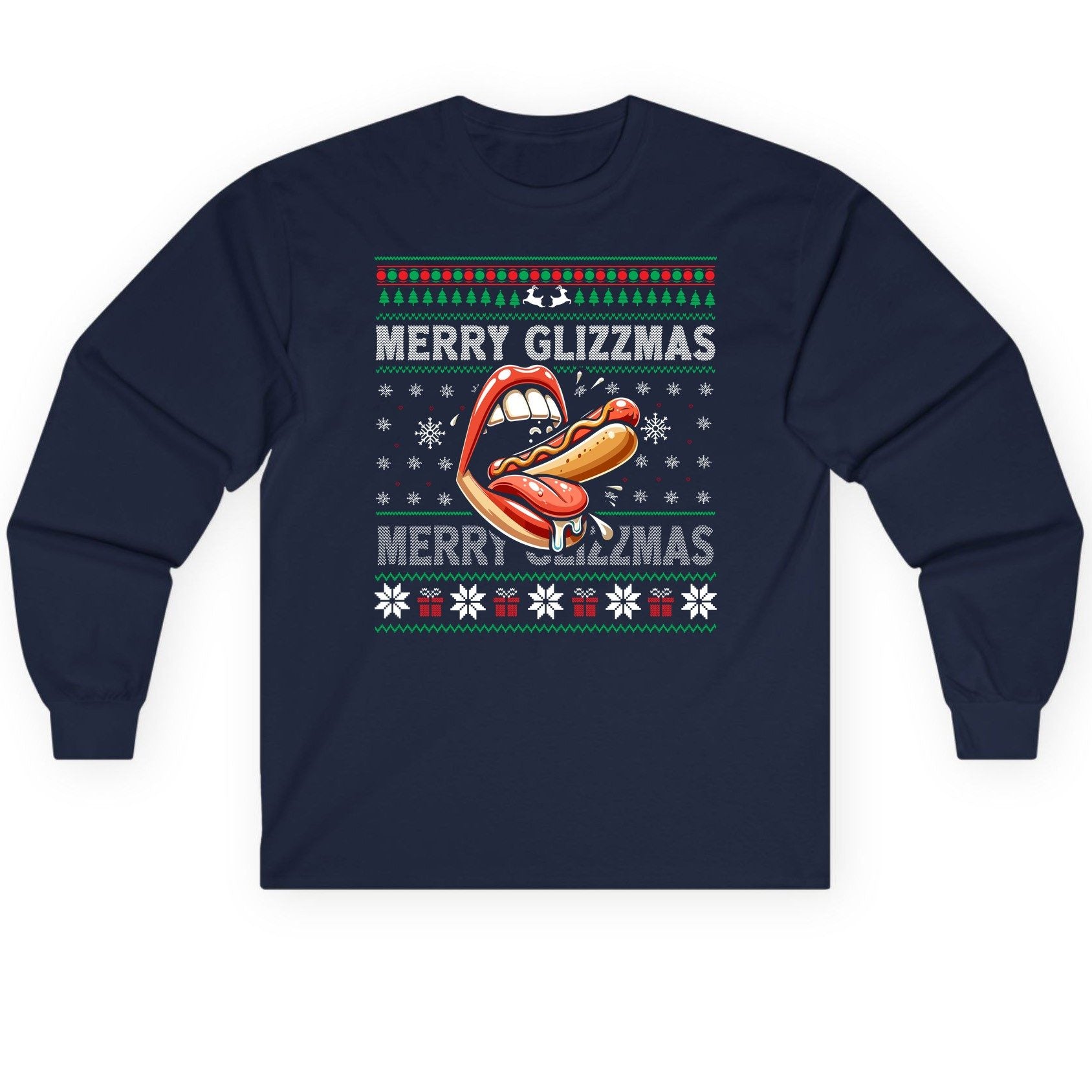 Merry Glizzzmas hot dog Long Sleeve Tee Navy product mockup