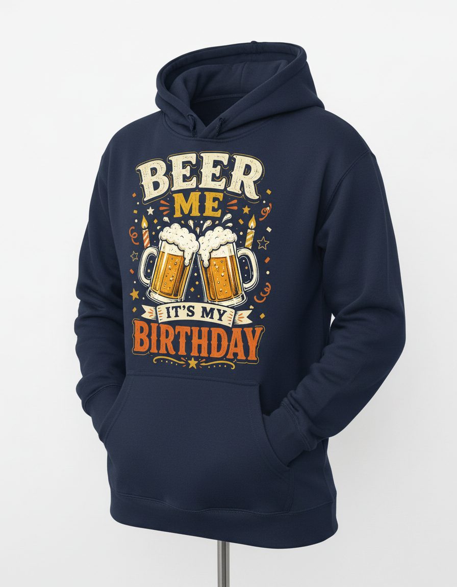 Beer Me It's My Birthday Funny Hoodie - product mockup - Navy