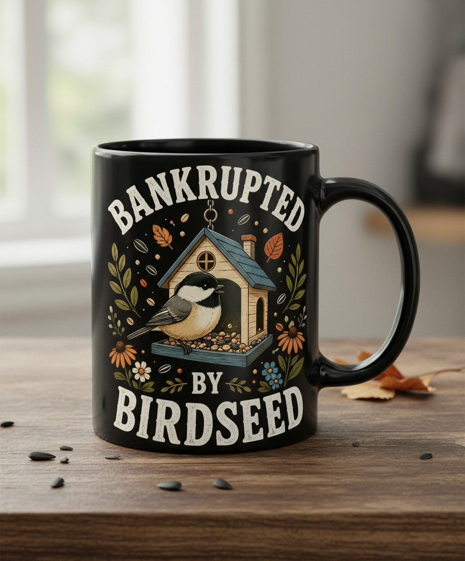 Bankrupted By Birdseed Funny Black Mug - product mockup - Black