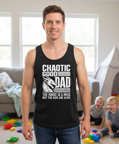 CHAOTIC GOOD DAD THE HOUSE IS A MESS BUT THE KIDS ARE ALIVE Funny Chaotic Good Dad Dragon Tank Top - lifestyle model mockup - Black