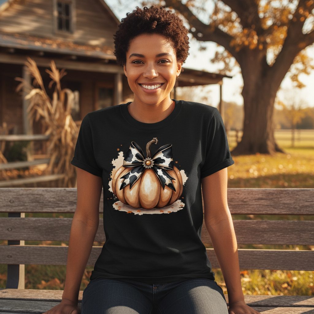 Cow Print Bow Pumpkin pumpkin T-Shirt Black lifestyle mockup