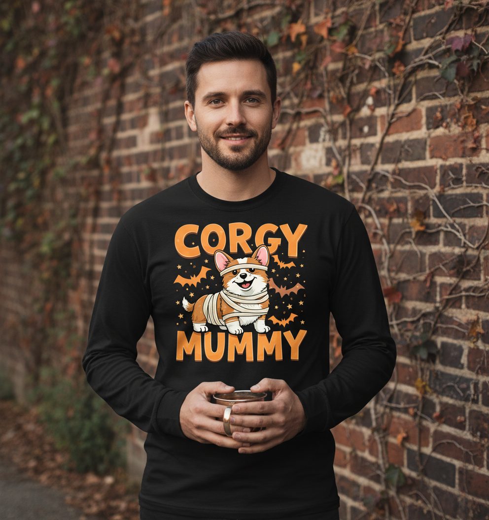 Corgy Mummy corgi Long Sleeve Tee Black lifestyle mockup