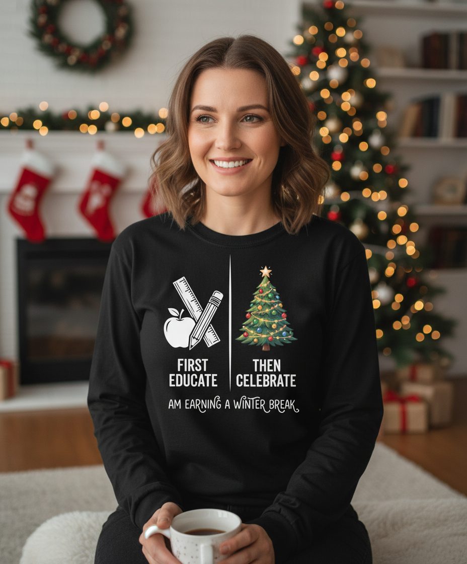First Educate Then Celebrate I Am Earning a Winter Break teacher humor Long Sleeve Tee Black lifestyle mockup
