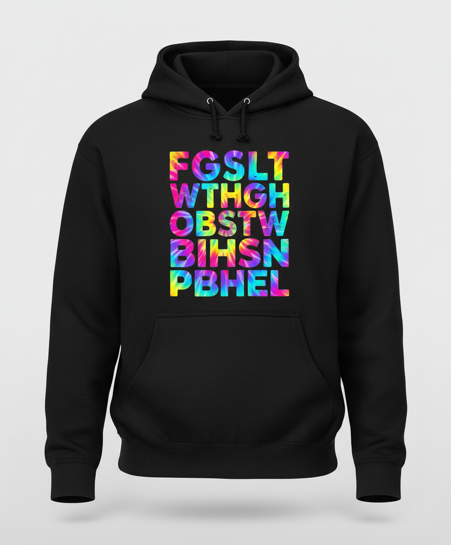 Colorful Tie-Dye Block Letters Hoodie - Black