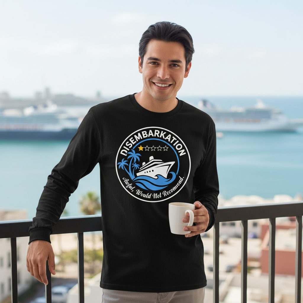 Disembarkation Awful, Would Not Recommend cruising Long Sleeve Tee Black lifestyle mockup