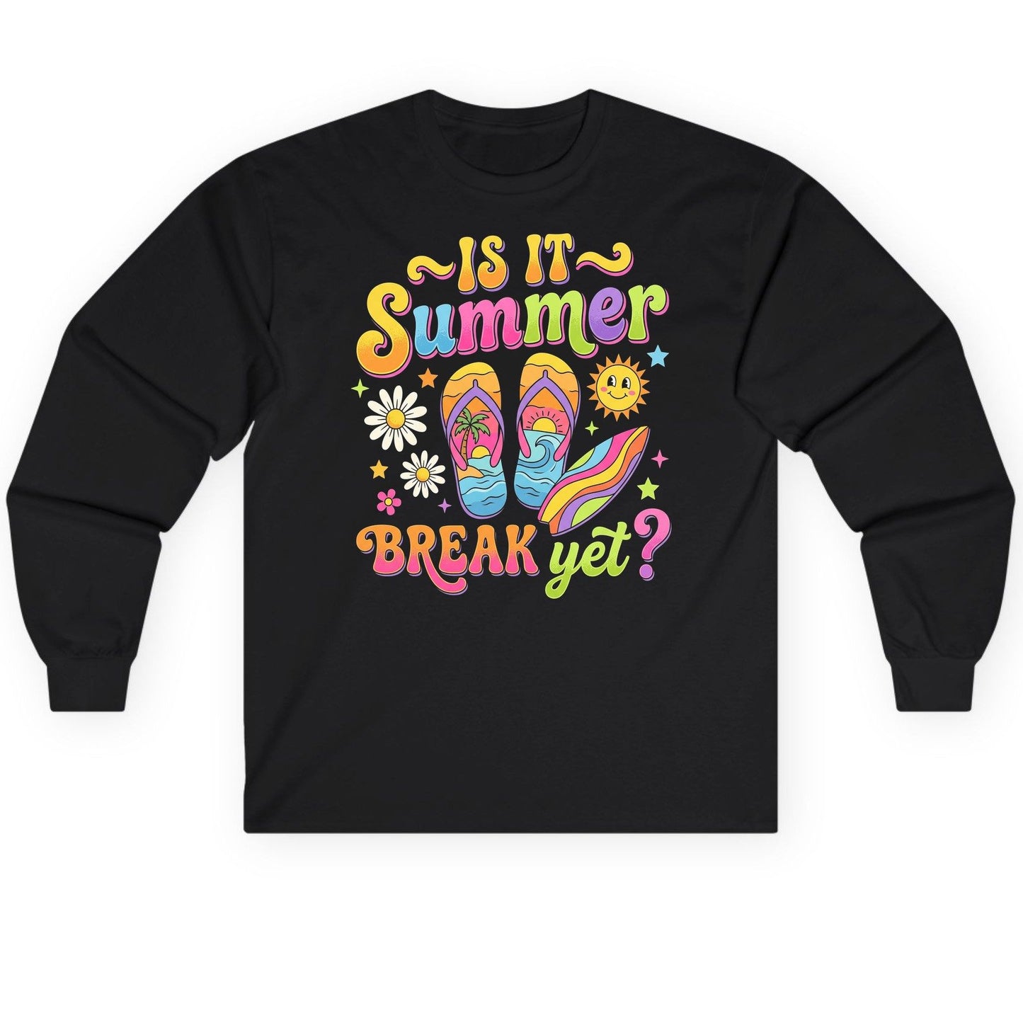 Is It Summer Break Yet Retro Vacation Long Sleeve Tee - product mockup - Black