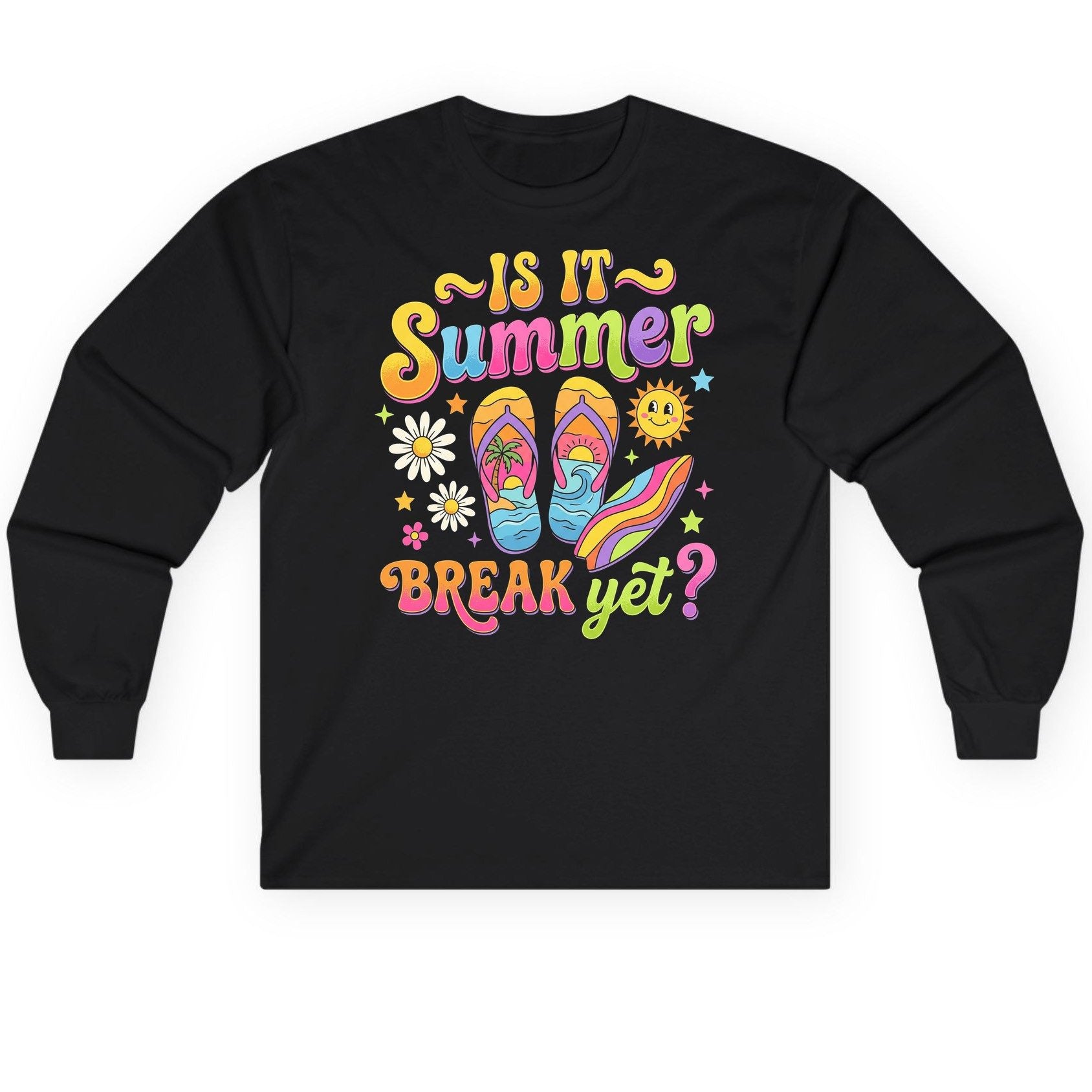 Is It Summer Break Yet Retro Vacation Long Sleeve Tee - product mockup - Black