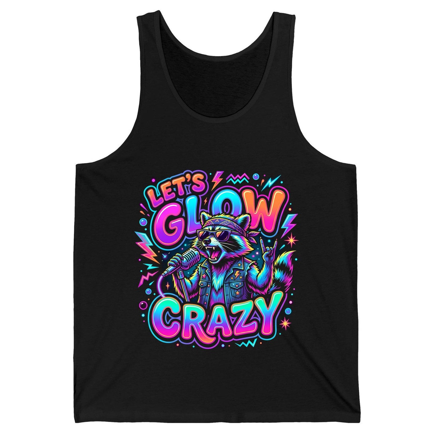 Let's Glow Crazy Funny Rockstar Raccoon Tank Top - product mockup - Black