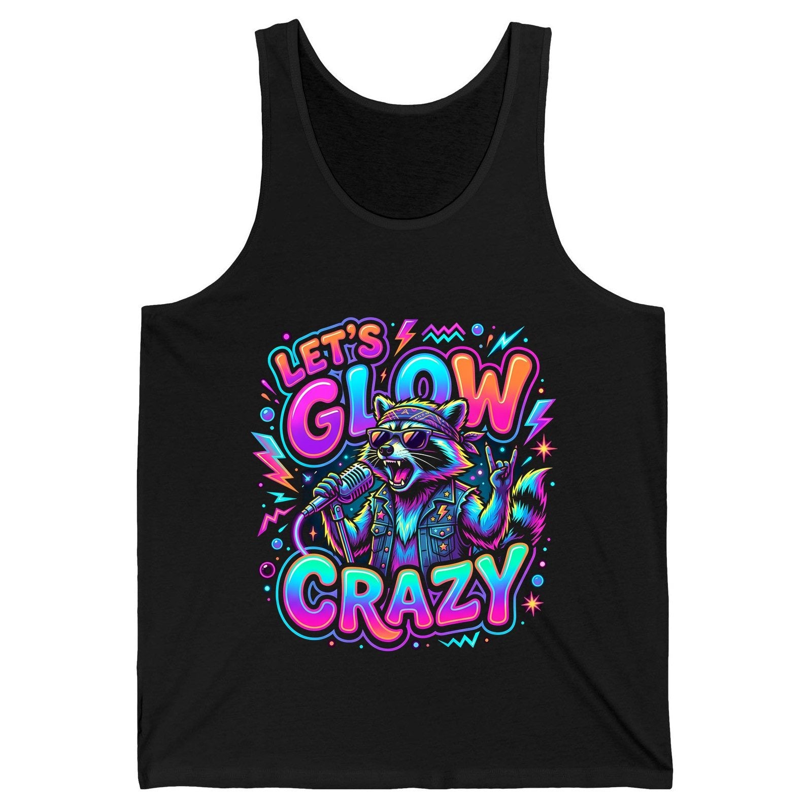 Let's Glow Crazy Funny Rockstar Raccoon Tank Top - product mockup - Black