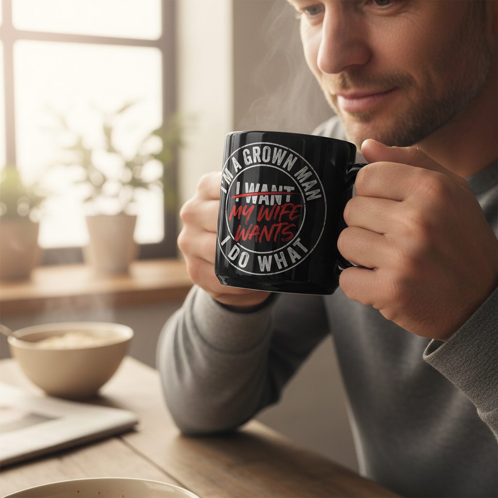 I'm a Grown Man I Do What I Want My Wife Wants Black Mug - lifestyle model mockup - Black