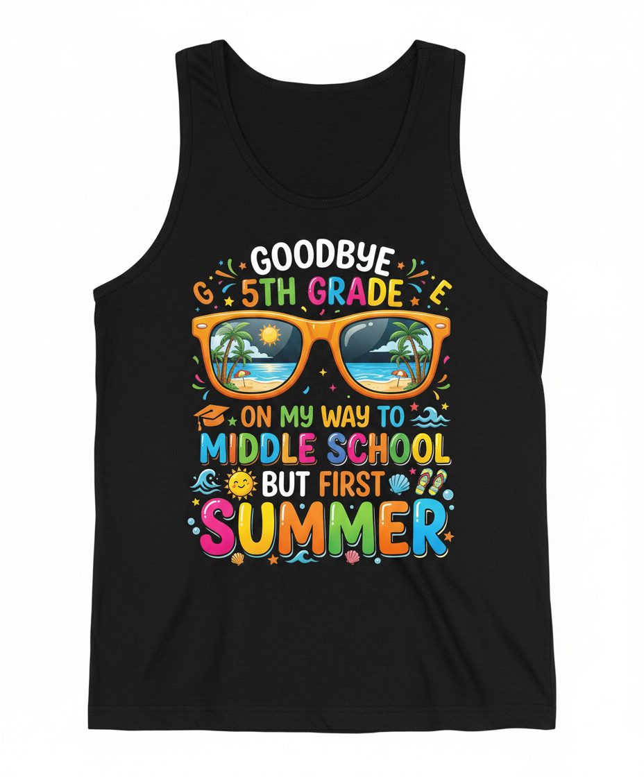 Goodbye 5th Grade on My Way to Middle School but First Summer Tank Top - product mockup - Black