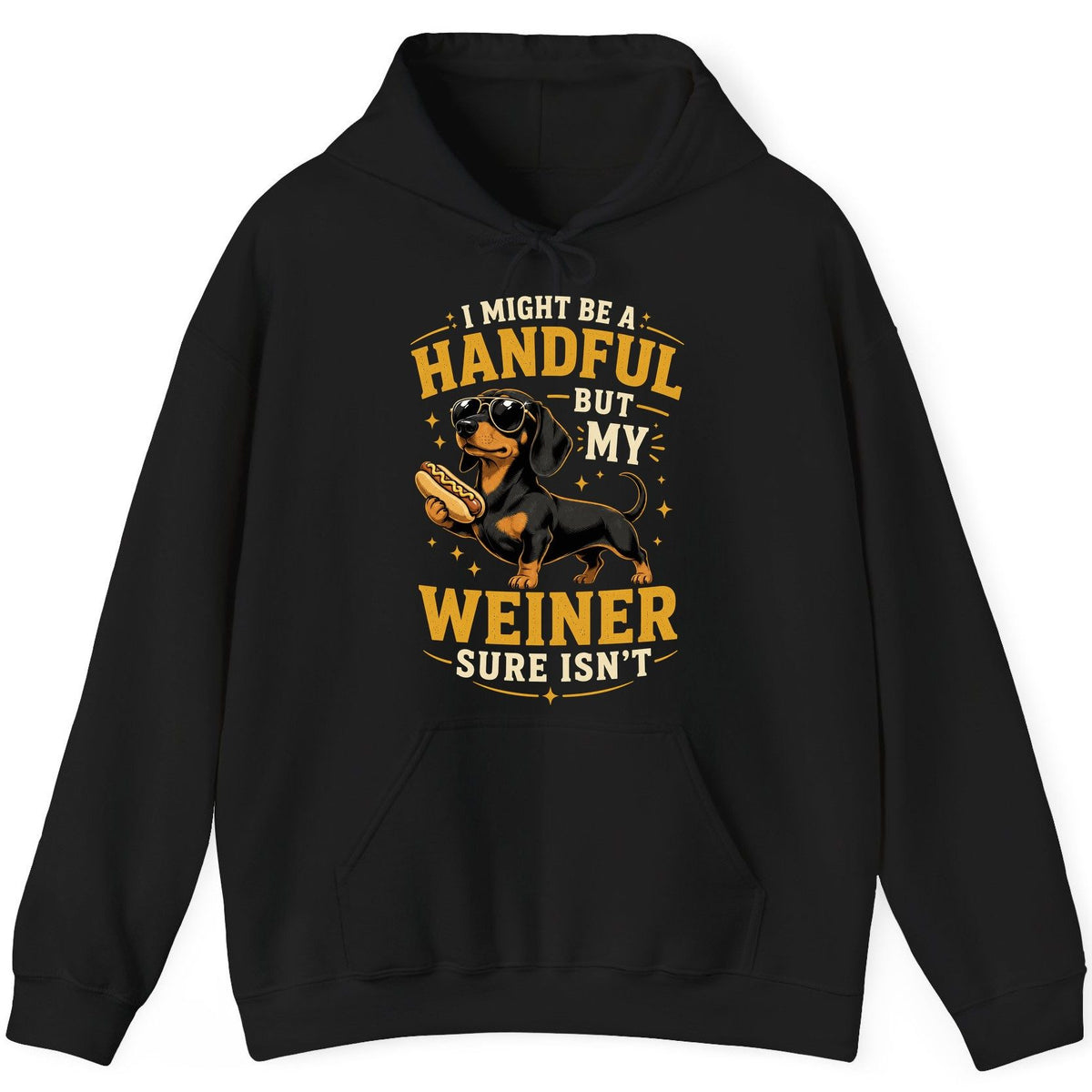 I Might Be a Handful but My Weiner Sure Isn't dachshund Hoodie Black product mockup