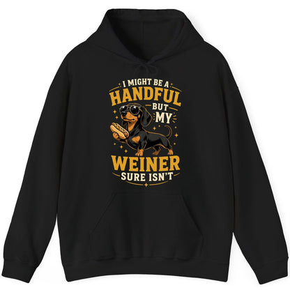 I Might Be a Handful but My Weiner Sure Isn't dachshund Hoodie Black product mockup