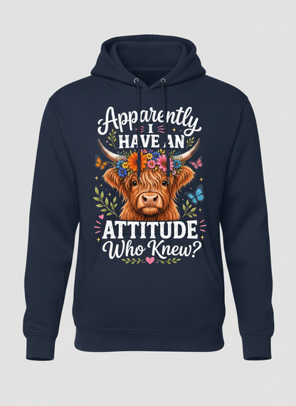Apparently I Have An Attitude Highland Cow Floral Crown Hoodie - Navy