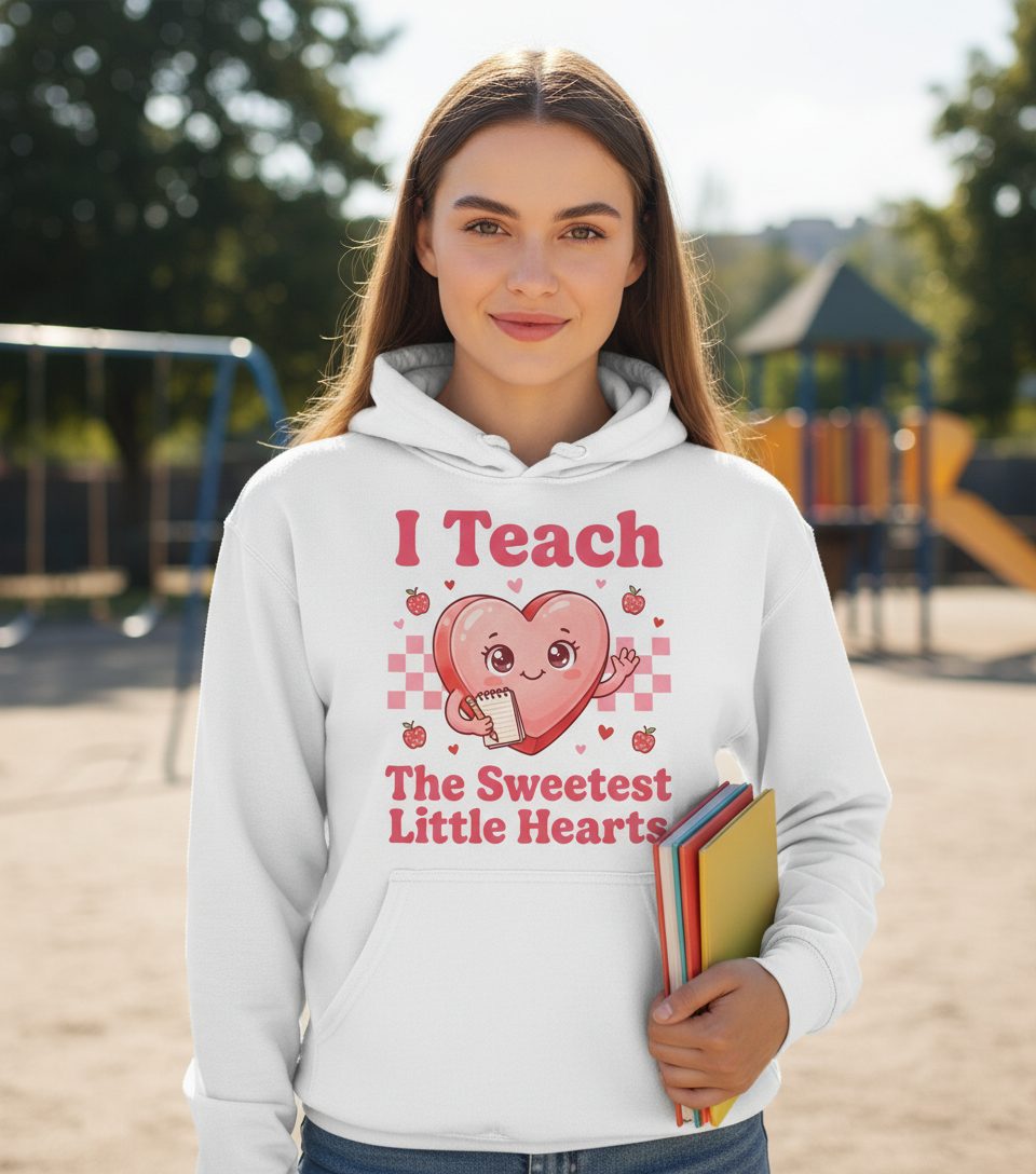 I Teach the Sweetest Little Hearts teacher Hoodie White lifestyle mockup