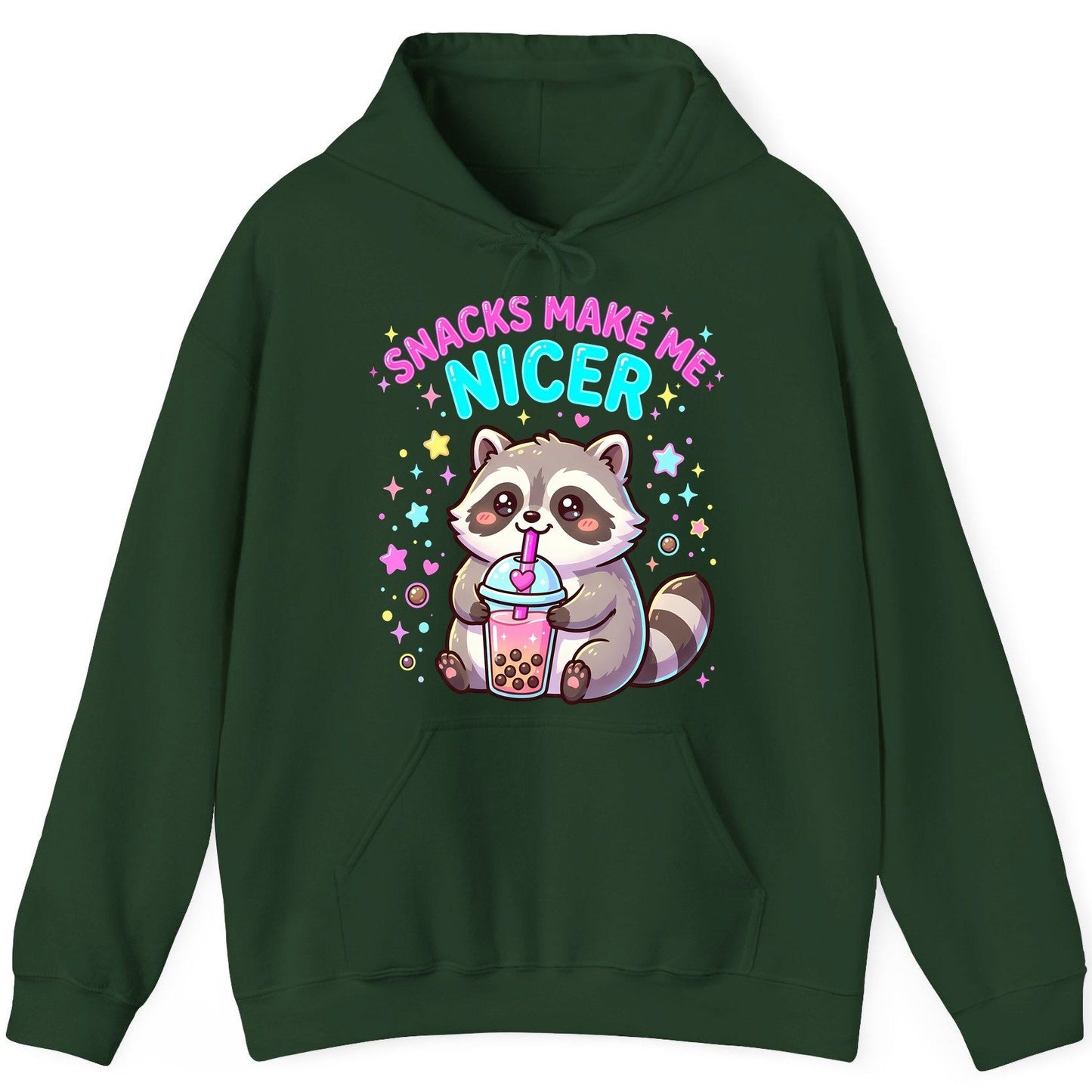 SNACKS MAKE ME NICER Funny Raccoon Hoodie - product mockup - Forest Green