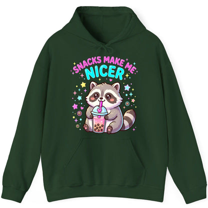 SNACKS MAKE ME NICER Funny Raccoon Hoodie - product mockup - Forest Green