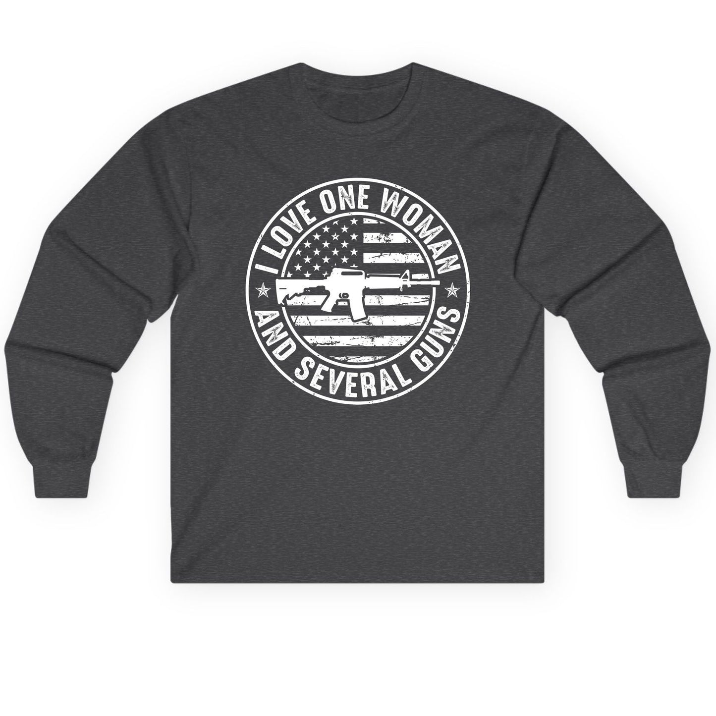 I LOVE ONE WOMAN AND Several GUNS Funny Gun Owners Long Sleeve Tee - product mockup - Dark Heather