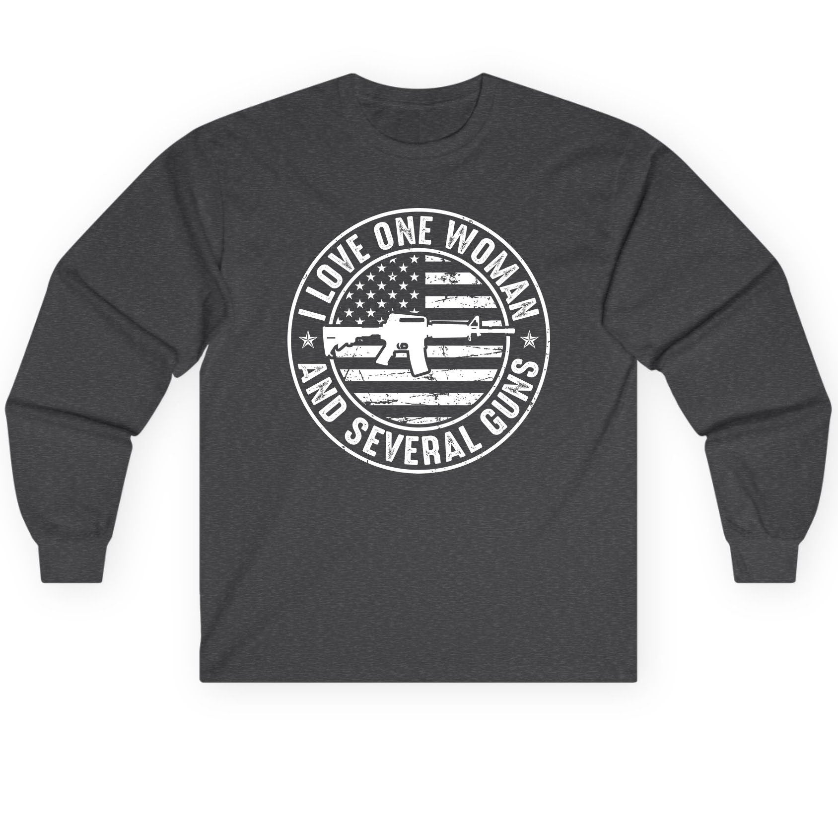 I LOVE ONE WOMAN AND Several GUNS Funny Gun Owners Long Sleeve Tee - product mockup - Dark Heather