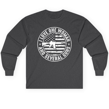 I LOVE ONE WOMAN AND Several GUNS Funny Gun Owners Long Sleeve Tee - product mockup - Dark Heather