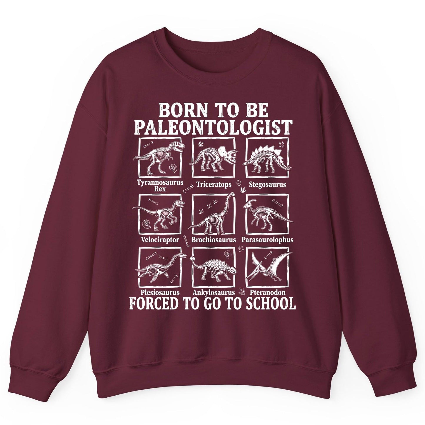 Born to Be Paleontologist Forced to Go to School dinosaurs Sweatshirt Maroon product mockup