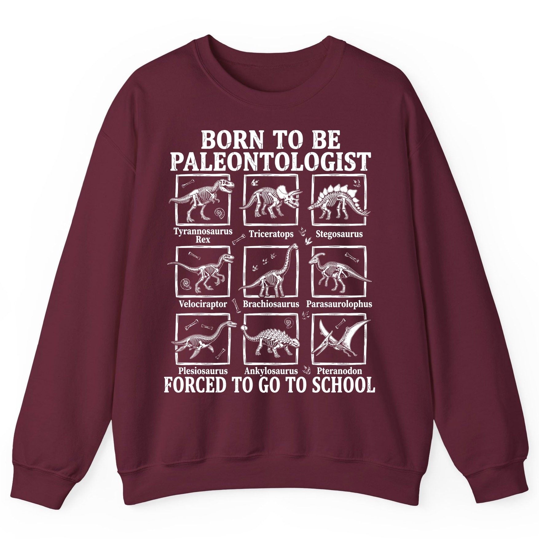 Born to Be Paleontologist Forced to Go to School dinosaurs Sweatshirt Maroon product mockup