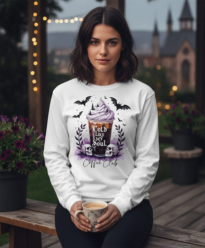 Cold Like My Soul gothic iced coffee Long Sleeve Tee White lifestyle mockup