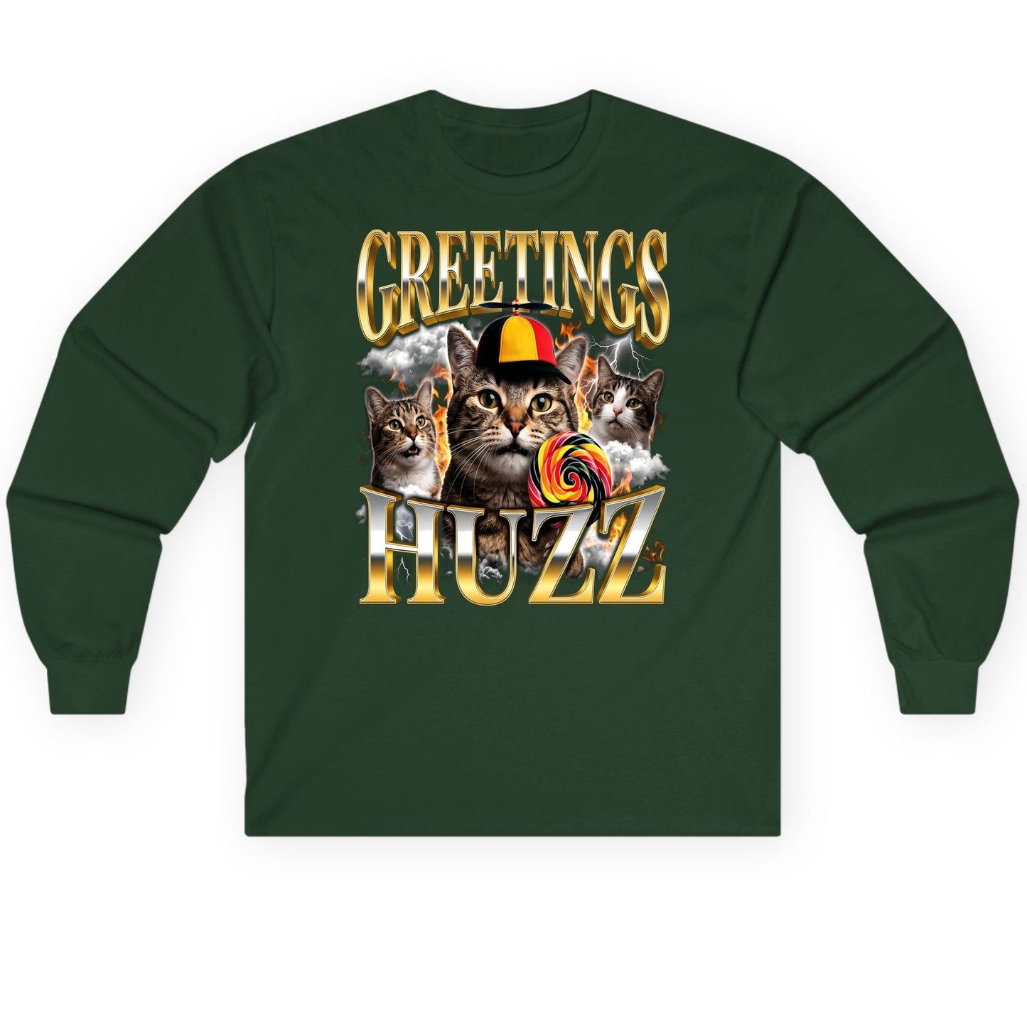 Greetings HUZZ Funny Cats Long Sleeve Tee - product mockup - Forest Green