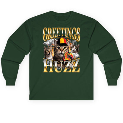 Greetings HUZZ Funny Cats Long Sleeve Tee - product mockup - Forest Green