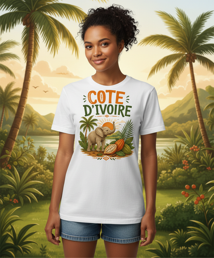 Cote D'Ivoire Elephant Travel Art T-Shirt - lifestyle model mockup - White