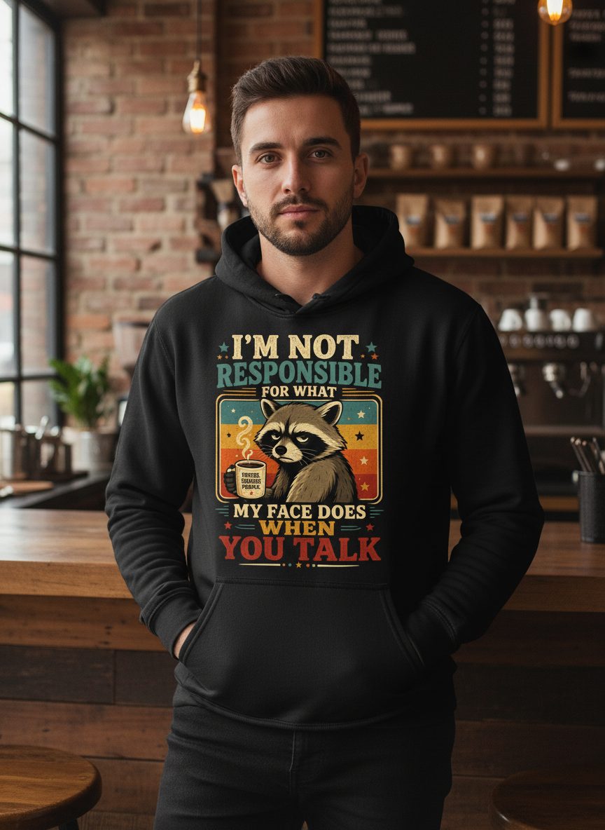 I'm Not Responsible for What My Face Does When You Talk Funny Sarcastic Raccoon Hoodie - lifestyle model mockup - Black