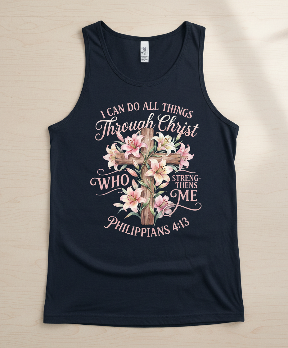 Philippians 4:13 I Can Do All Things Through Christ Cross and Lilies Tank Top - Navy