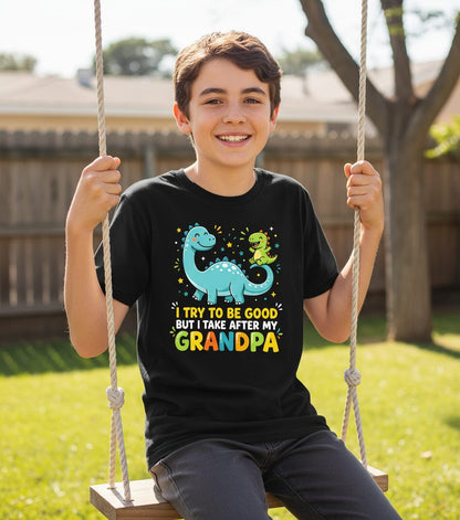 I TRY TO BE GOOD BUT I TAKE AFTER MY Grandpa Youth T-Shirt - lifestyle model mockup - Black