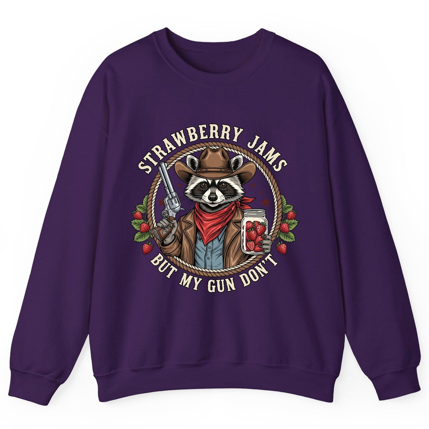Strawberry Jams but My Gun Don't cowboy raccoon Sweatshirt Purple product mockup