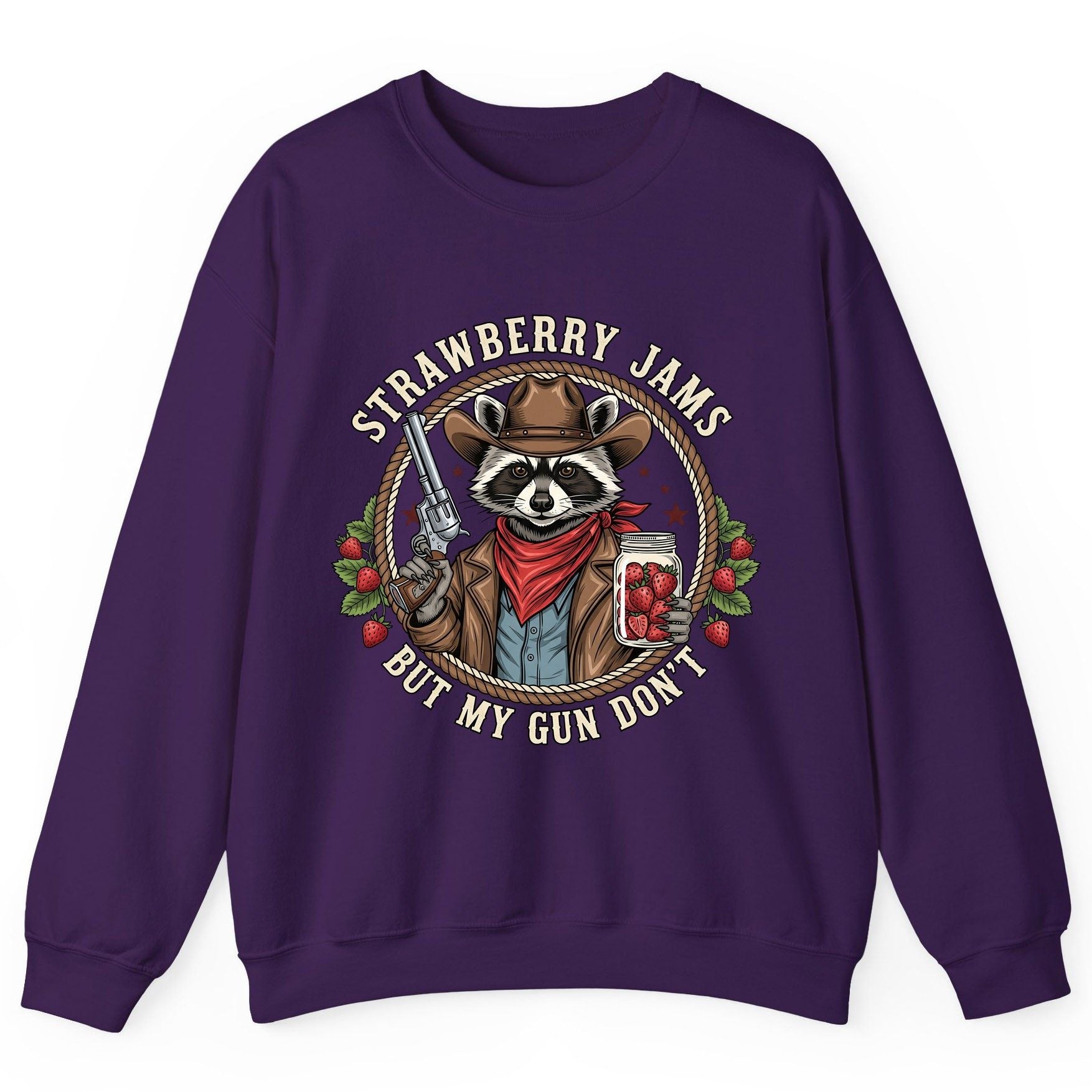 Strawberry Jams but My Gun Don't cowboy raccoon Sweatshirt Purple product mockup