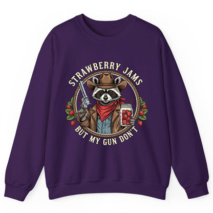 Strawberry Jams but My Gun Don't cowboy raccoon Sweatshirt Purple product mockup