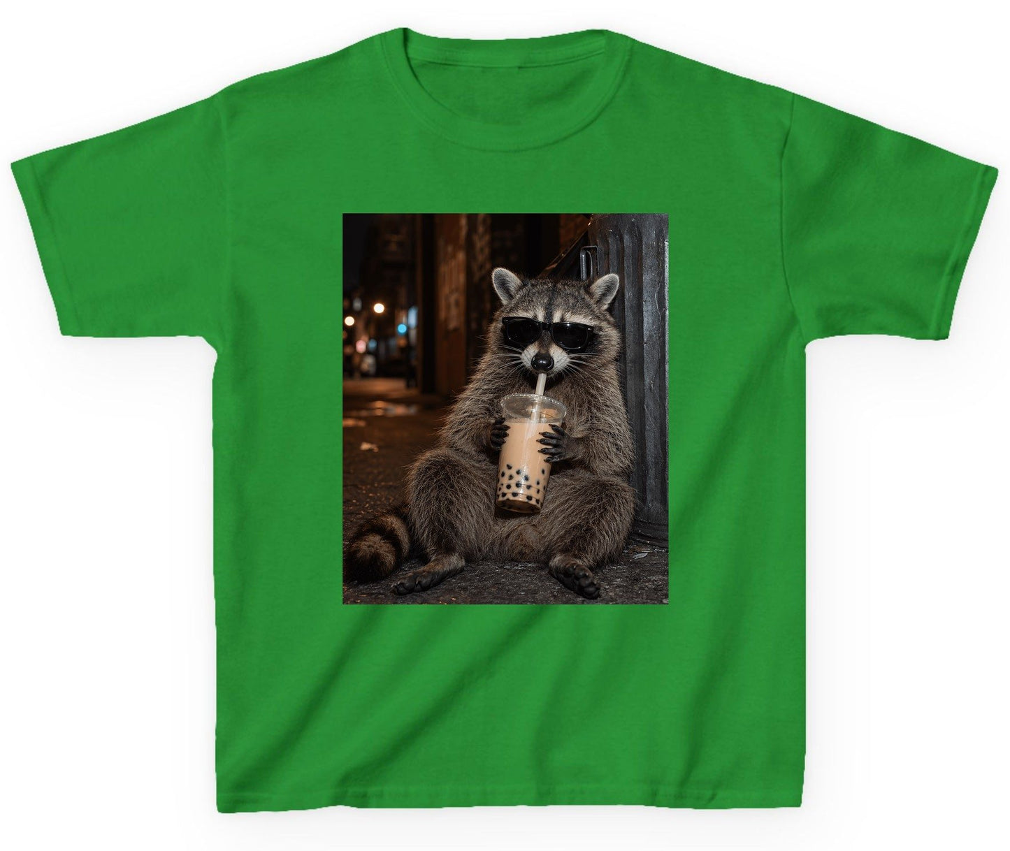 Cool Raccoon Bubble Tea Funny Lovers Youth T-Shirt - product mockup - Irish Green