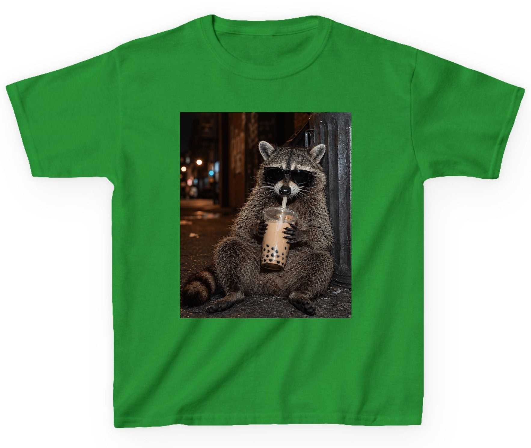 Cool Raccoon Bubble Tea Funny Lovers Youth T-Shirt - product mockup - Irish Green