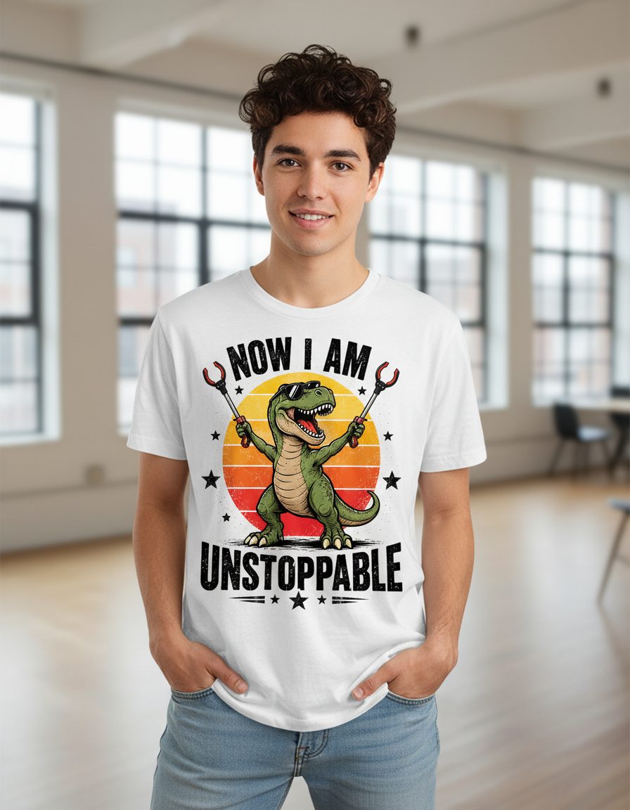 Now I Am Unstoppable Funny Tyrannosaurus Rex T-Shirt - product mockup - White