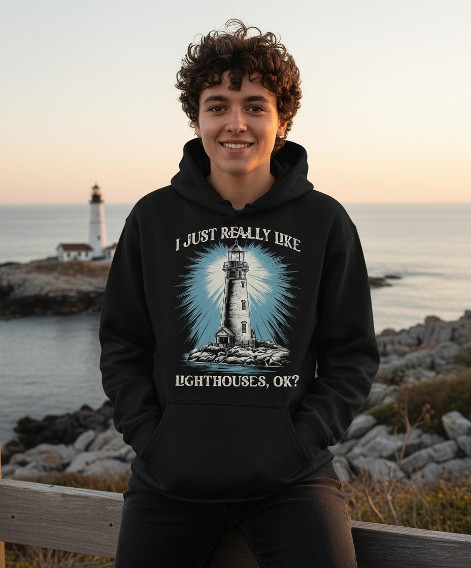 I Just Really Like Lighthouses, Ok? lighthouse Hoodie Black lifestyle mockup
