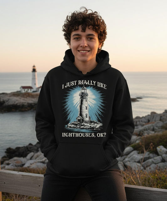 I Just Really Like Lighthouses, Ok? lighthouse Hoodie Black lifestyle mockup