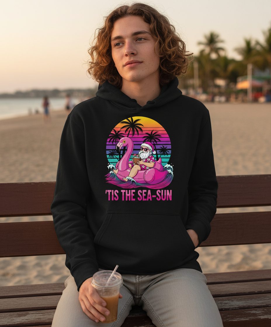 'Tis the Sea-Sun tropical santa claus Hoodie Black lifestyle mockup