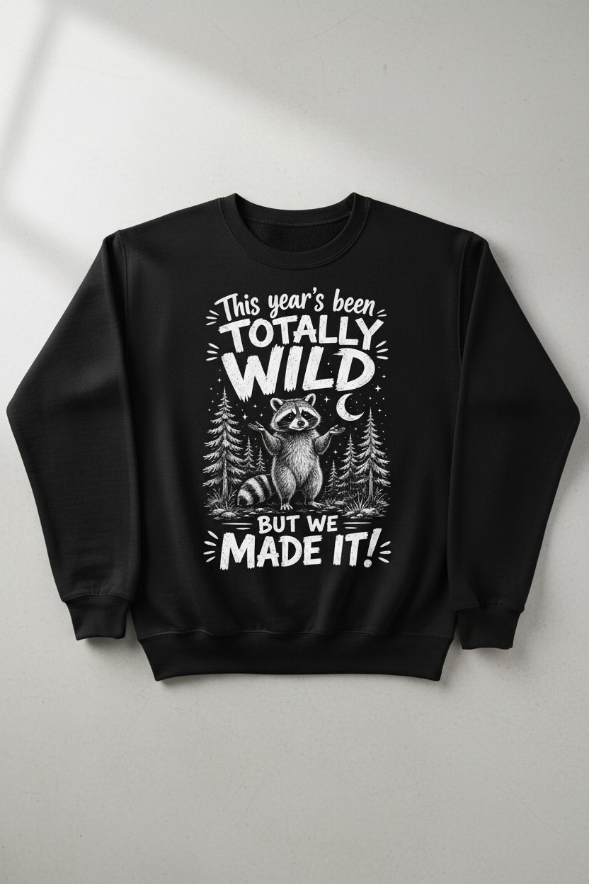Totally Wild Year Raccoon Funny People Sense of Humor Sweatshirt - product mockup - Black
