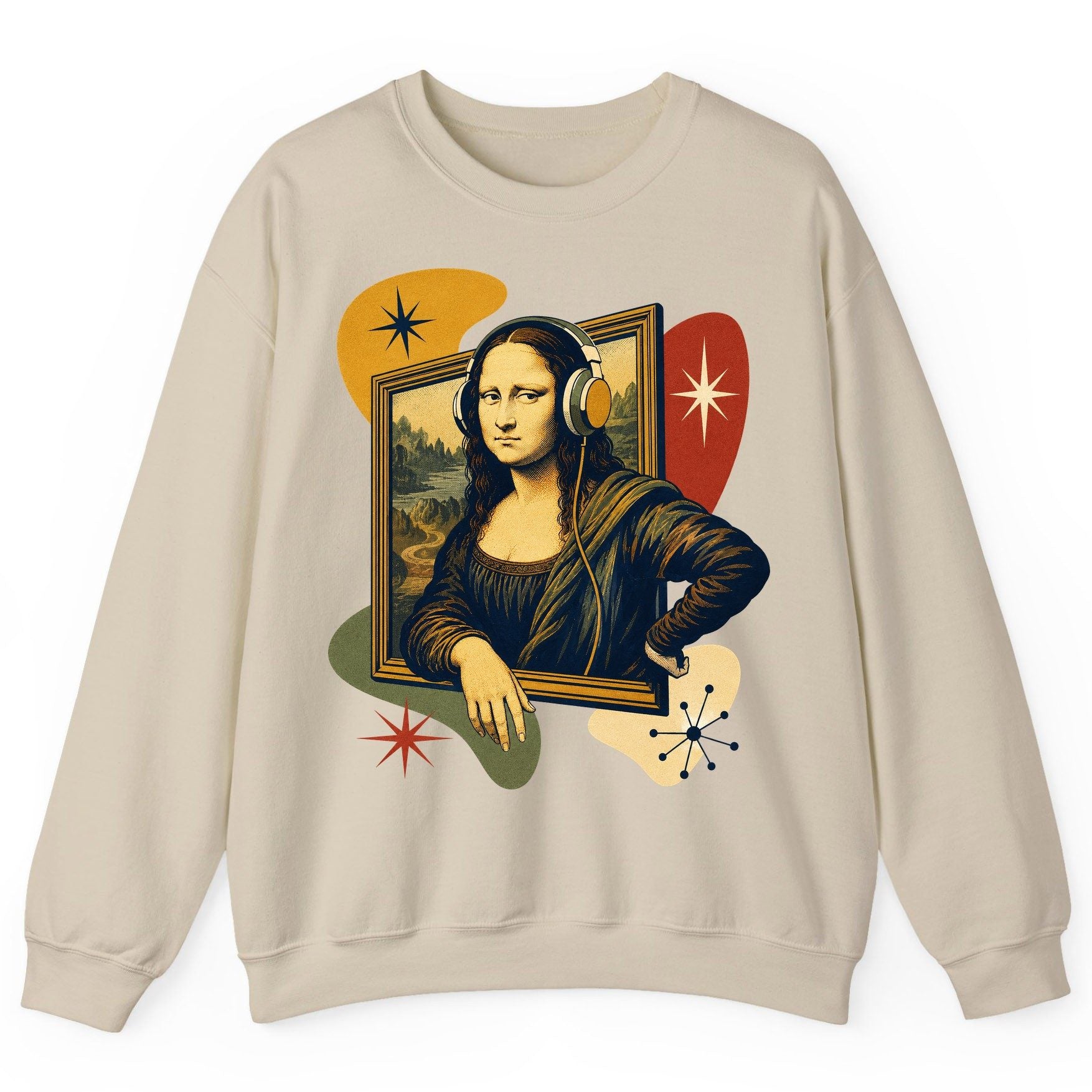 Retro Mona Lisa with Headphones Funny Art Lovers Sweatshirt - product mockup - Sand